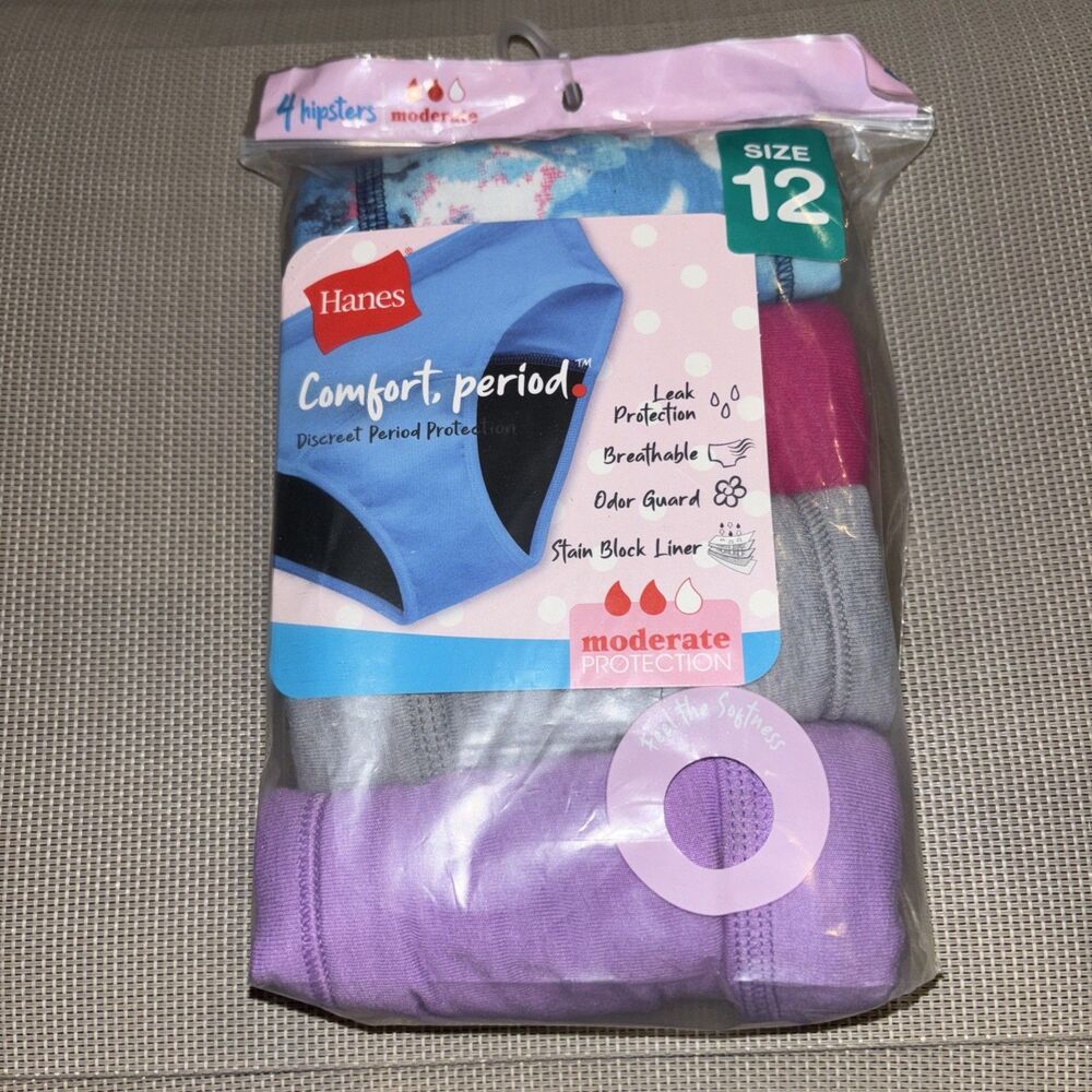 Hanes Hipsters Moderate Comfort Period Protection Panties Girls 12-NEW School